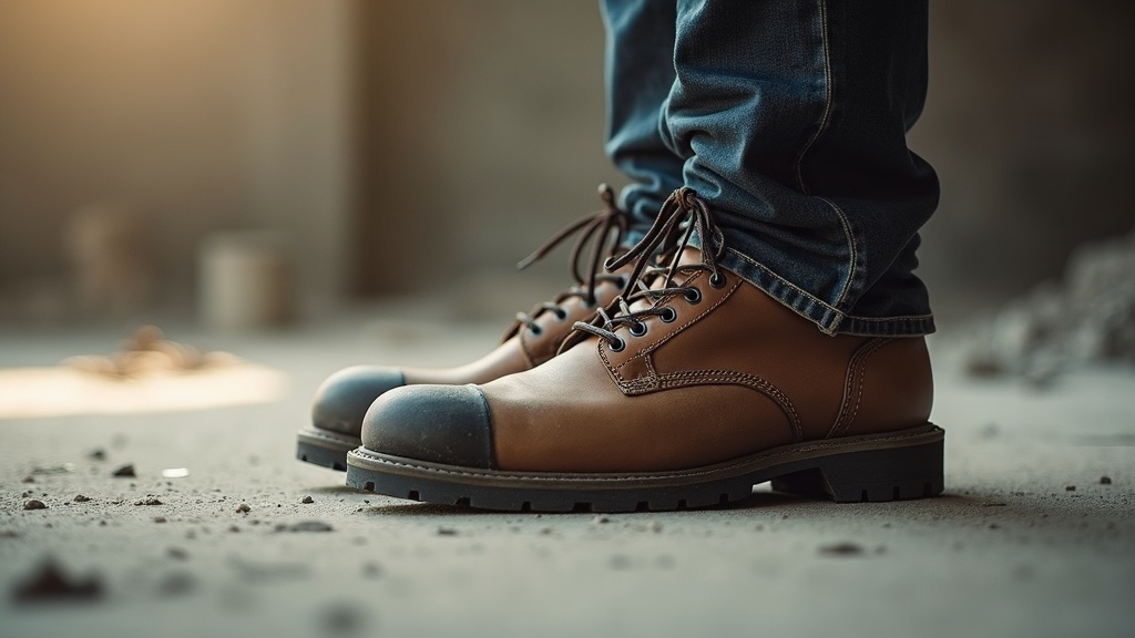 Construction worker in steel-toed work boots on a concrete jobsite