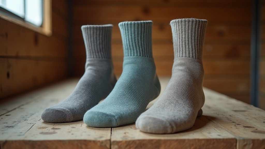 Three pairs of compression wool socks compared on a workbench