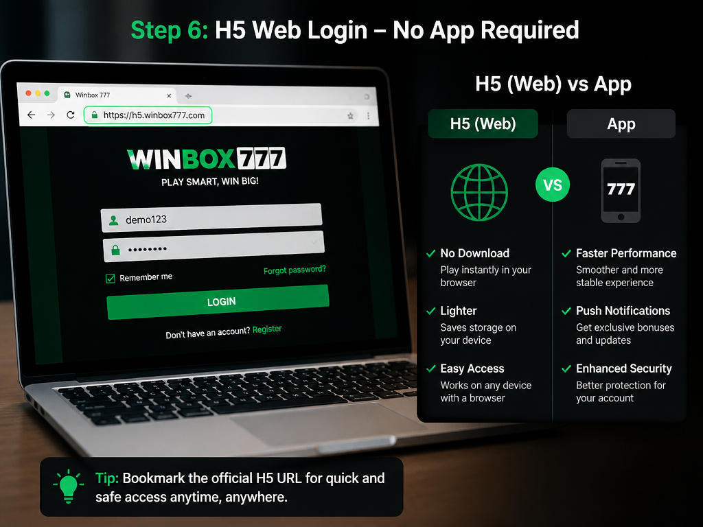 Photo-realistic image illustrating the topic of the article section "Step 6: H5 Web Login – No App Required" (about the online casino brand "winbox 777 login"): Open browser, go to official Winbox 777 H5 URL; enter credentials; compare H5 vs app: H5 is lighter, no download; app has faster performance and push notifications.