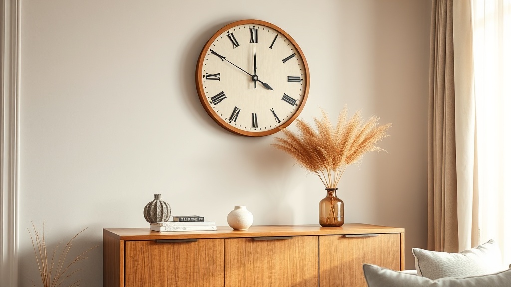 Drewniany zegar ścienny nad komodą w stylu mid-century modern z wazonem i trawą pampasową