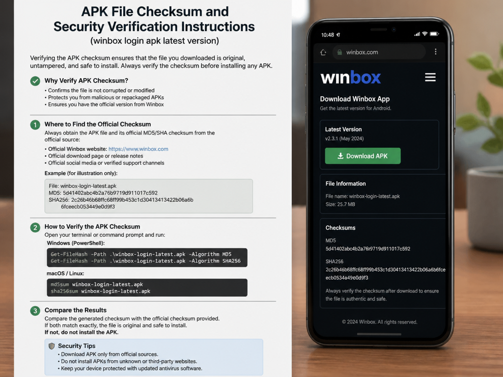 Photo-realistic image illustrating the topic of the article section "APK File Checksum and Security Verification Instructions" (about the online casino brand "winbox login apk latest version"): Explain how to verify APK integrity using MD5/SHA checksum. Provide example command. Mention where to find official checksum. Cover gap: No APK file checksum or security verification instructions.