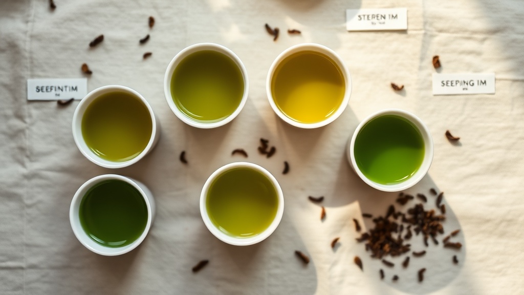 Cinq tasses de thé vert infusées à différentes températures et durées, montrant les variations de couleur