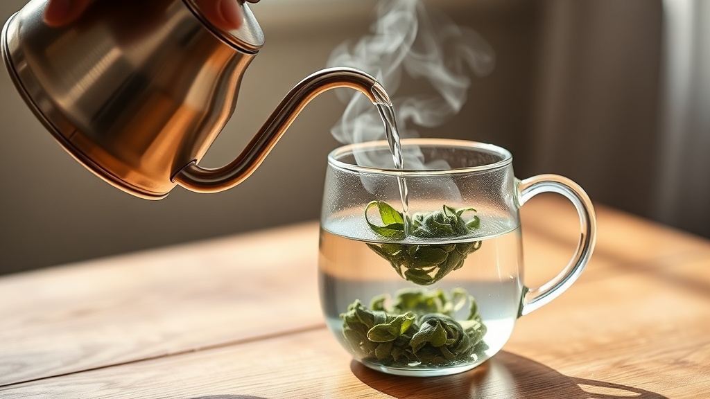 Versement d'eau chaude sur des feuilles de thé vert dans une théière en verre
