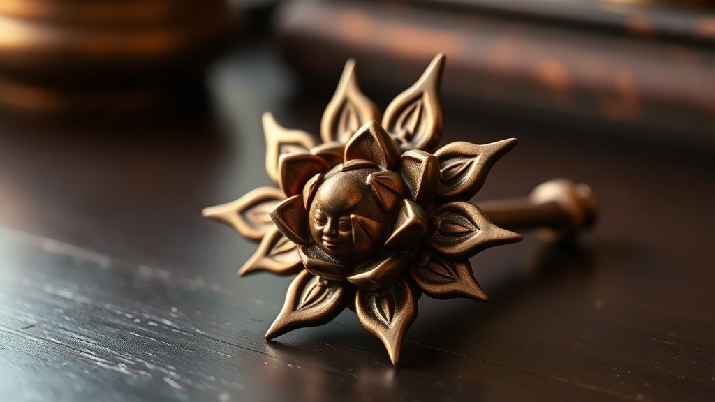 Five-pronged Tibetan dorje showing lotus petal details and curved prongs, resting on dark wood