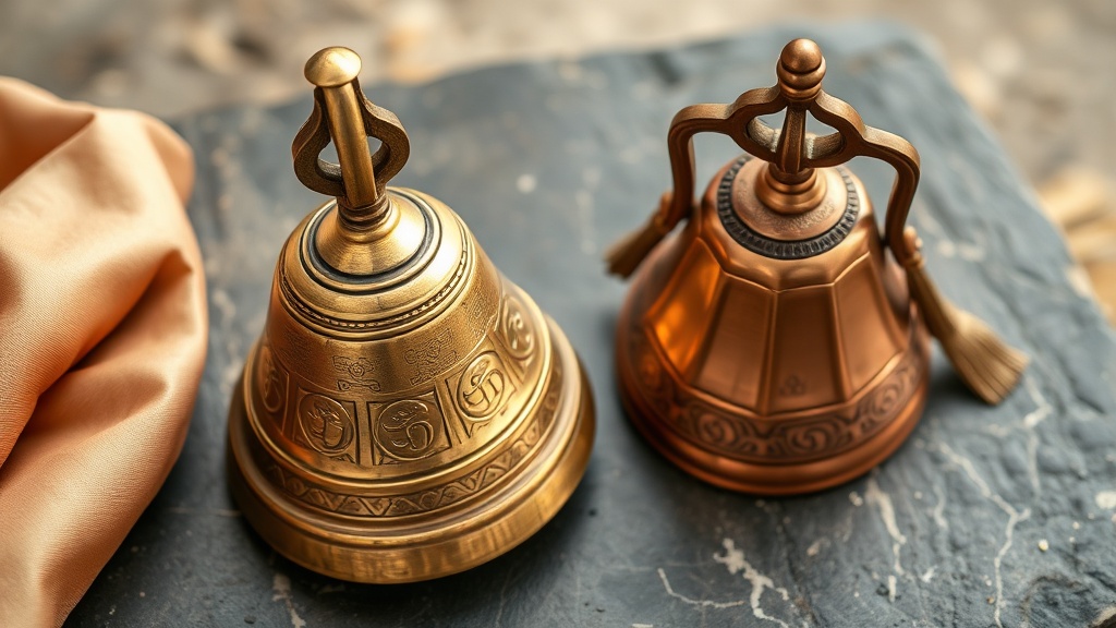 Matched Tibetan bell and dorje set laid side by side on stone surface, showing patinated brass detail