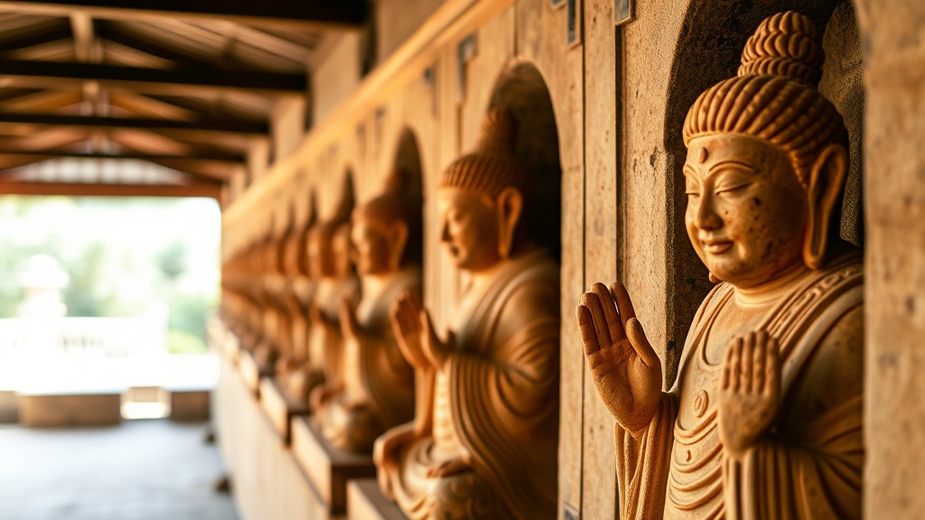 Rangée de statues de Luohan en terre cuite peinte dans les galeries couvertes du temple, chaque visage individualisé