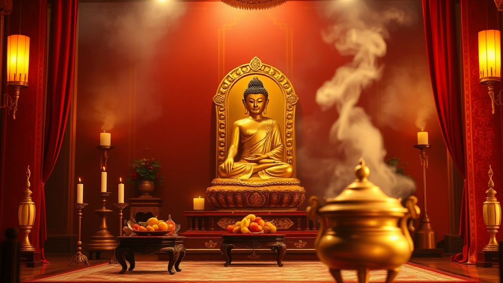 Statue dorée de Bouddha Shakyamuni sur son trône de lotus dans la salle principale du temple, autel et offrandes de fruits frais