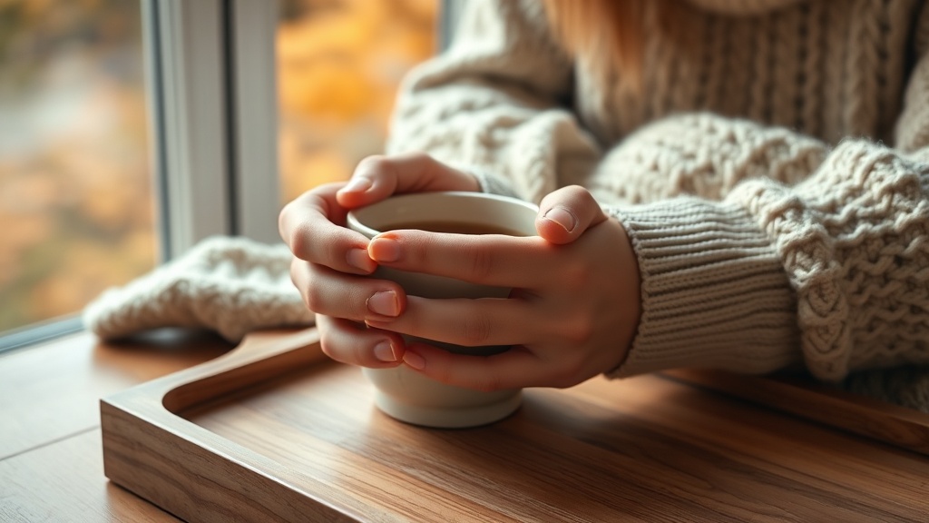Mains tenant une tasse de thé chaud sur un plateau en bois avec plaid en arrière-plan, ambiance cocooning automnale