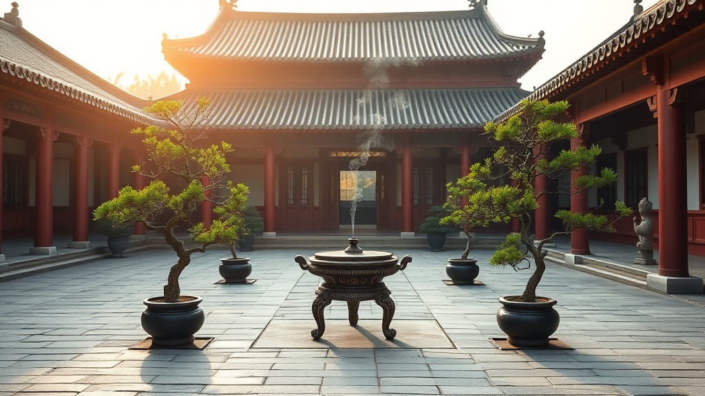 Cour intérieure d'un temple bouddhiste Chan du Fujian au lever du soleil, colonnes rouges et toiture traditionnelle