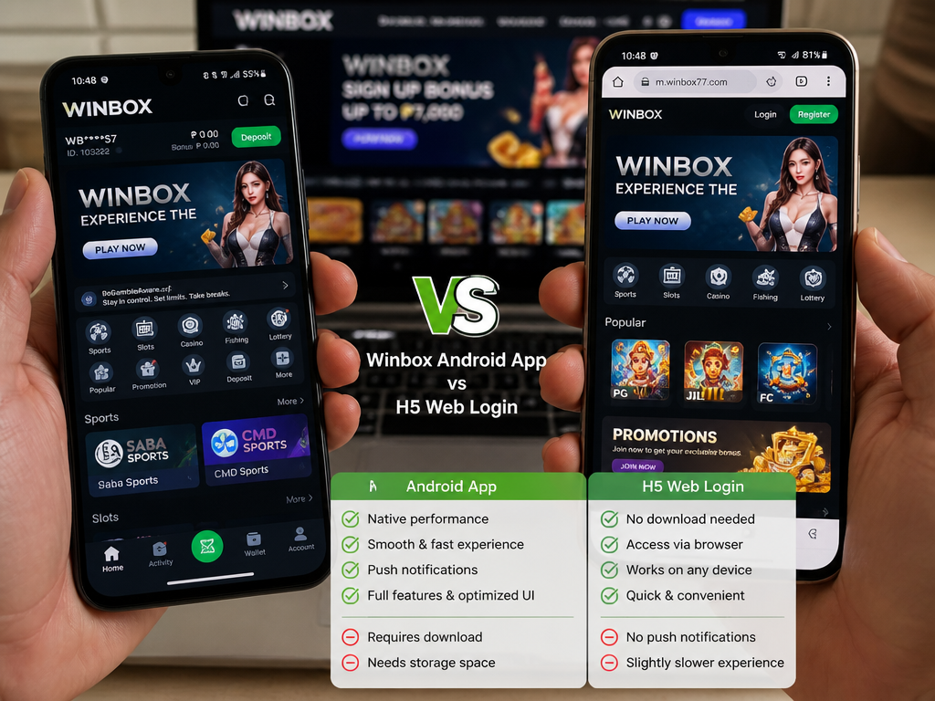 Photo-realistic image illustrating the topic of the article section "Winbox Android App vs H5 Web Login: Which Is Better?" (about the online casino brand "winbox for android"): Compare the Android app (native performance, push notifications) with H5 web login (no download, browser-based). Discuss pros and cons: app for frequent users, H5 for quick access. Address gap: missing Android app vs H5 web login comparison.