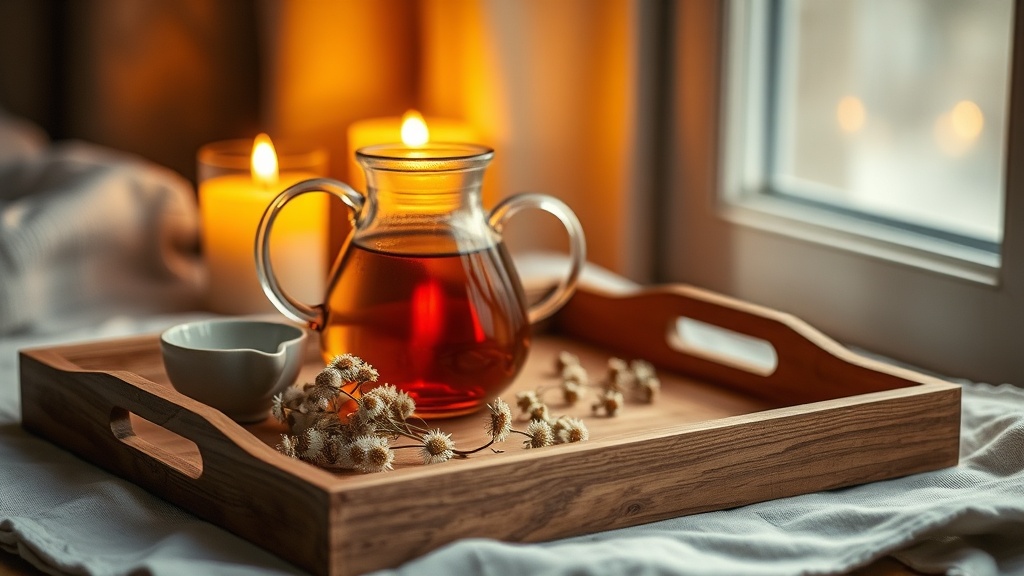 Théière en verre avec infusion de camomille sur plateau bois, ambiance soirée cocooning à la bougie