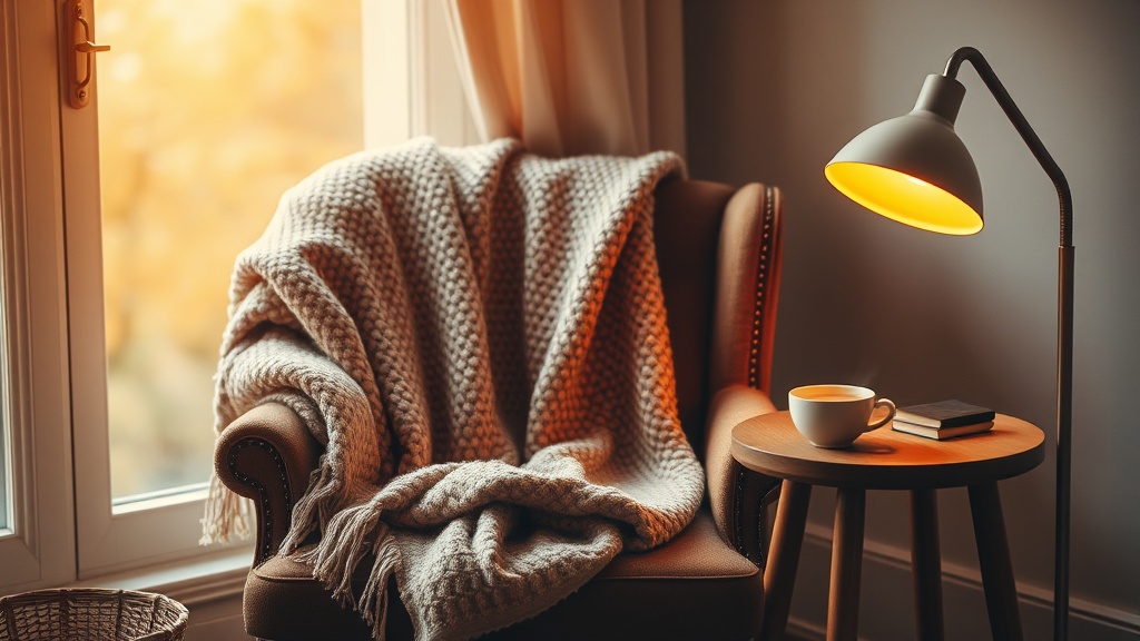 Coin cocooning chaleureux avec fauteuil, plaid en laine et tasse de thé fumante près d'une lampe dorée