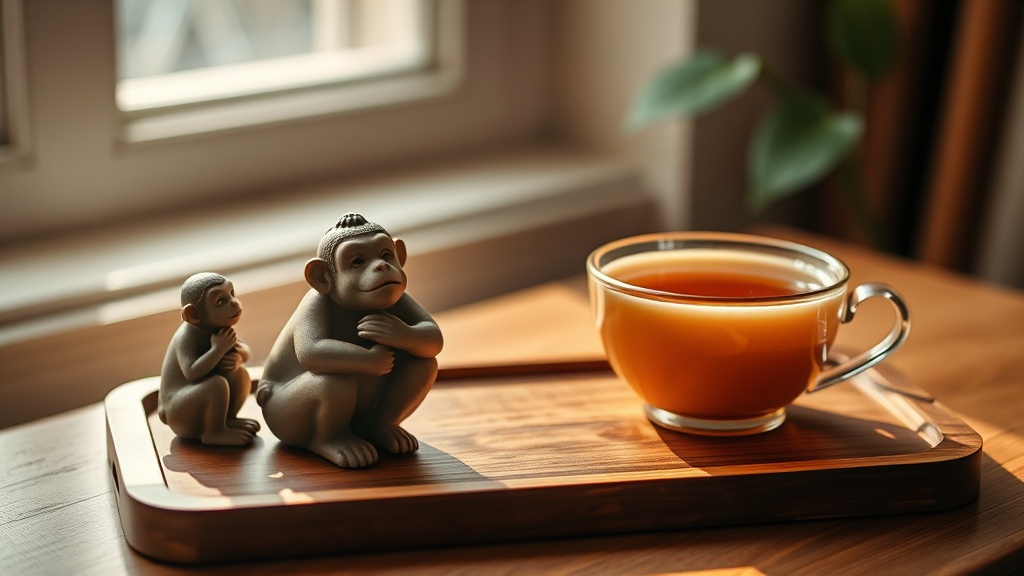 Statuette céramique des trois singes de la sagesse posée près d'un bol de thé matcha