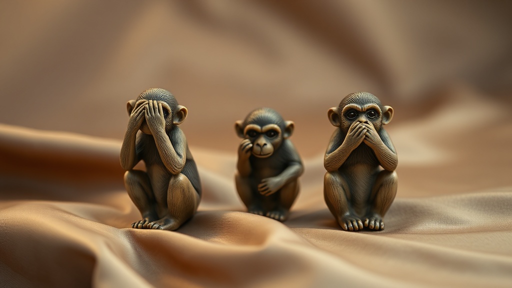 Figurines netsuke japonaises des trois singes sages Mizaru Kikazaru Iwazaru sur tissu de soie