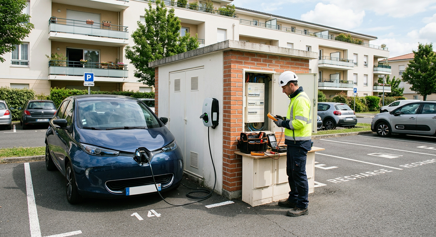 Borne de recharge électrique installée en copropriété avec un professionnel vérifiant le tableau électrique à côté d'une voiture en charge