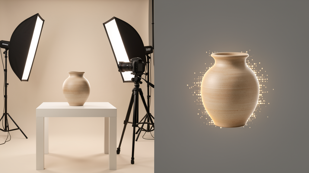 Studio photo produit et interface de génération d'image IA côte à côte