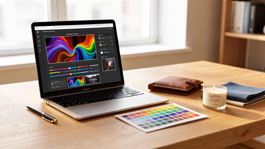 Espace de travail e-commerce avec interface IA et échantillons produits physiques