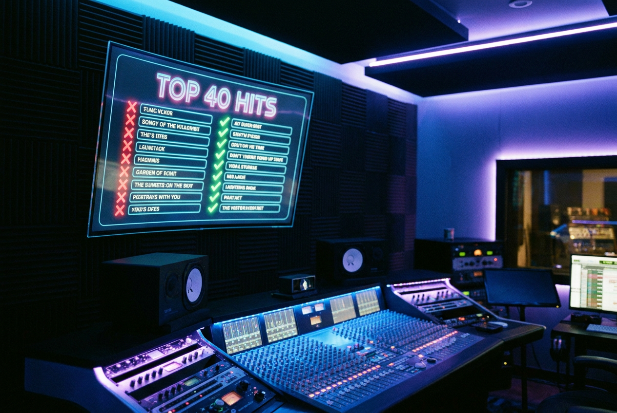 alt text: A digital display showing a music chart with AI-generated tracks being filtered out and removed, glowing red X marks overlaid on synthetic tracks while human-made tracks glow green