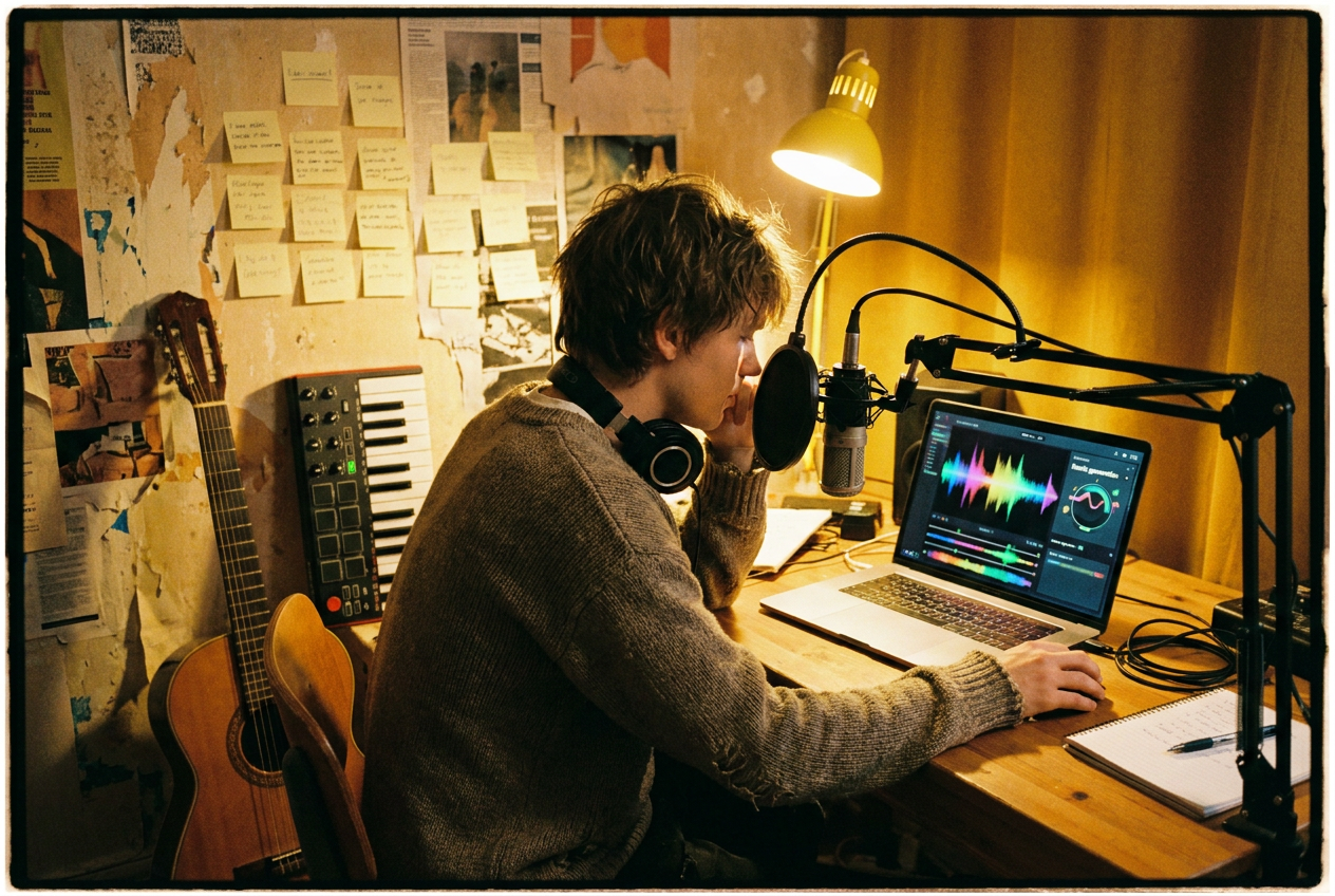 alt text: A musician at a home studio desk surrounded by both traditional instruments and glowing AI interface screens