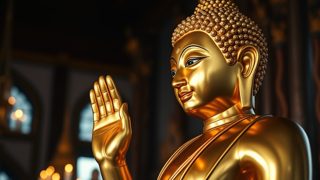 Statue de Bouddha thaïlandais dorée en position debout, main levée en mudra d'apaisement