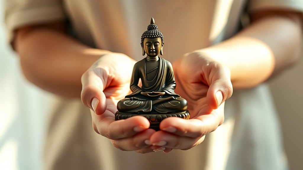 Mains tenant une petite statue de Bouddha en position de méditation, lumière naturelle douce