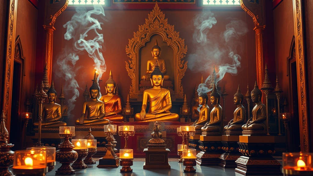 Autel de temple thaïlandais avec plusieurs statues de Bouddha en postures variées, lumière dorée de bougies