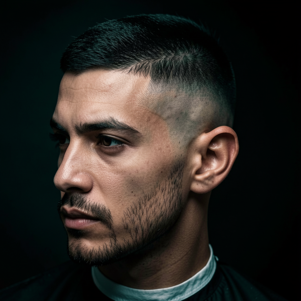 Sharp skin fade haircut, dramatic side lighting