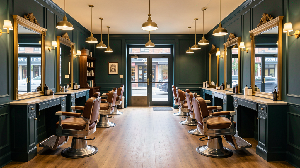 Classic barbershop interior with vintage leather chairs and mirrors