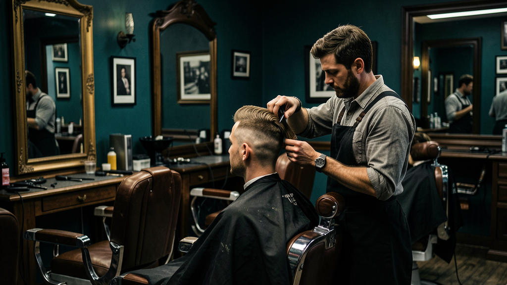 Barber giving a skin fade haircut in the shop