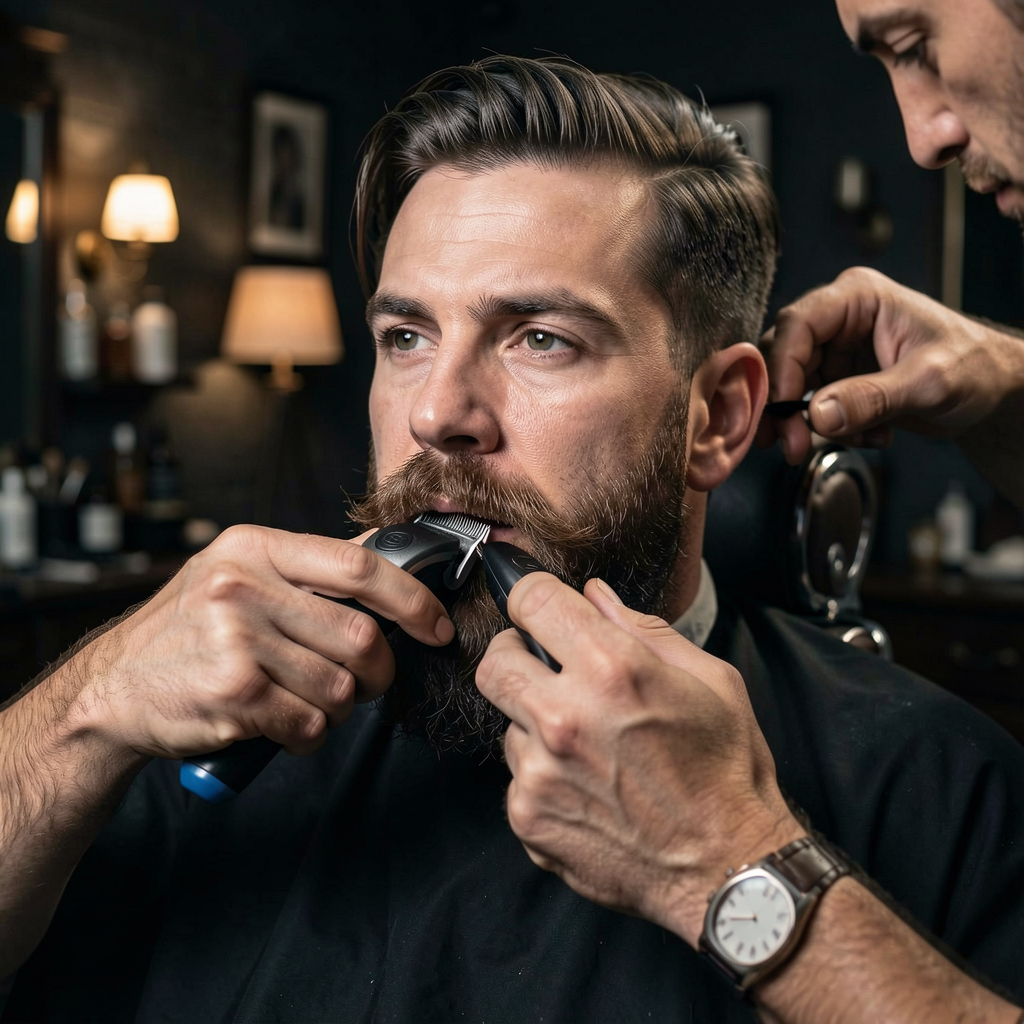 Barber trimming and shaping a full beard