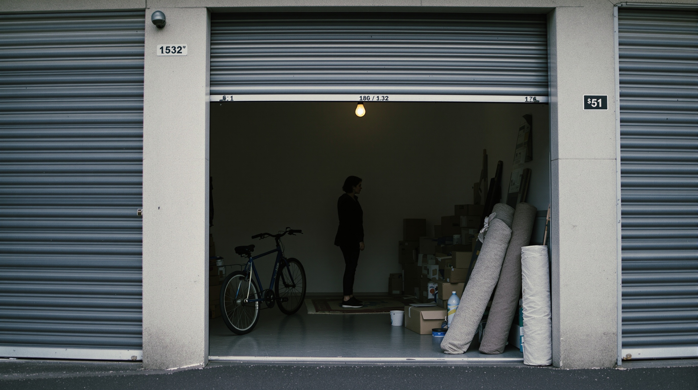 A self storage unit with the door half open