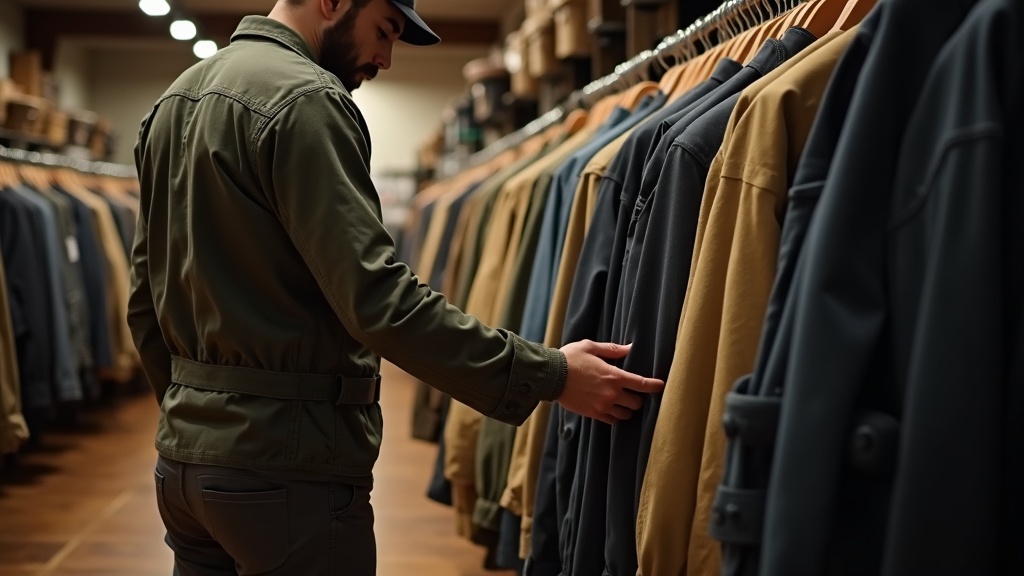 Inside a construction clothes store with rows of durable workwear