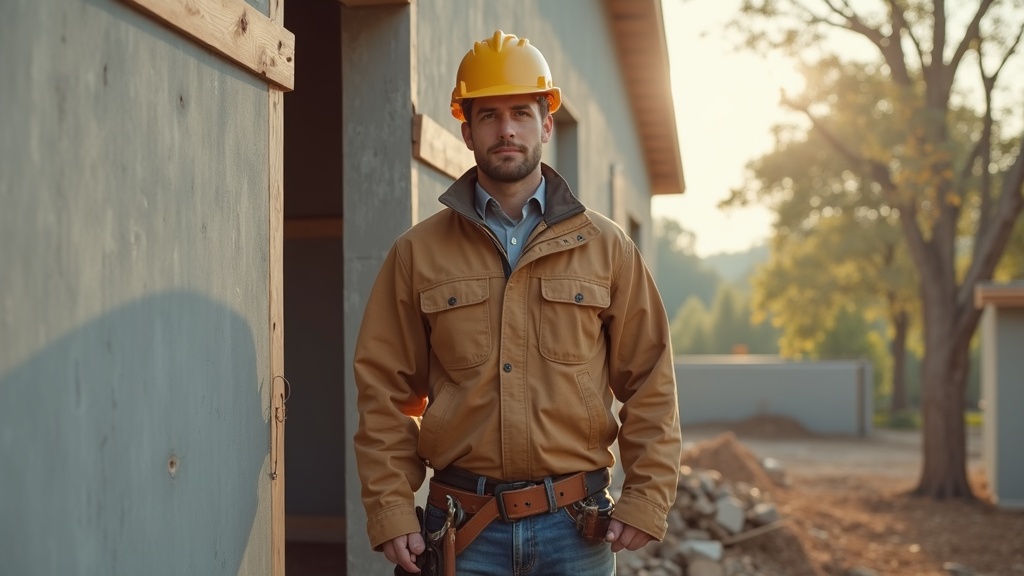 Worker wearing durable construction jacket and FR shirt on a framing site