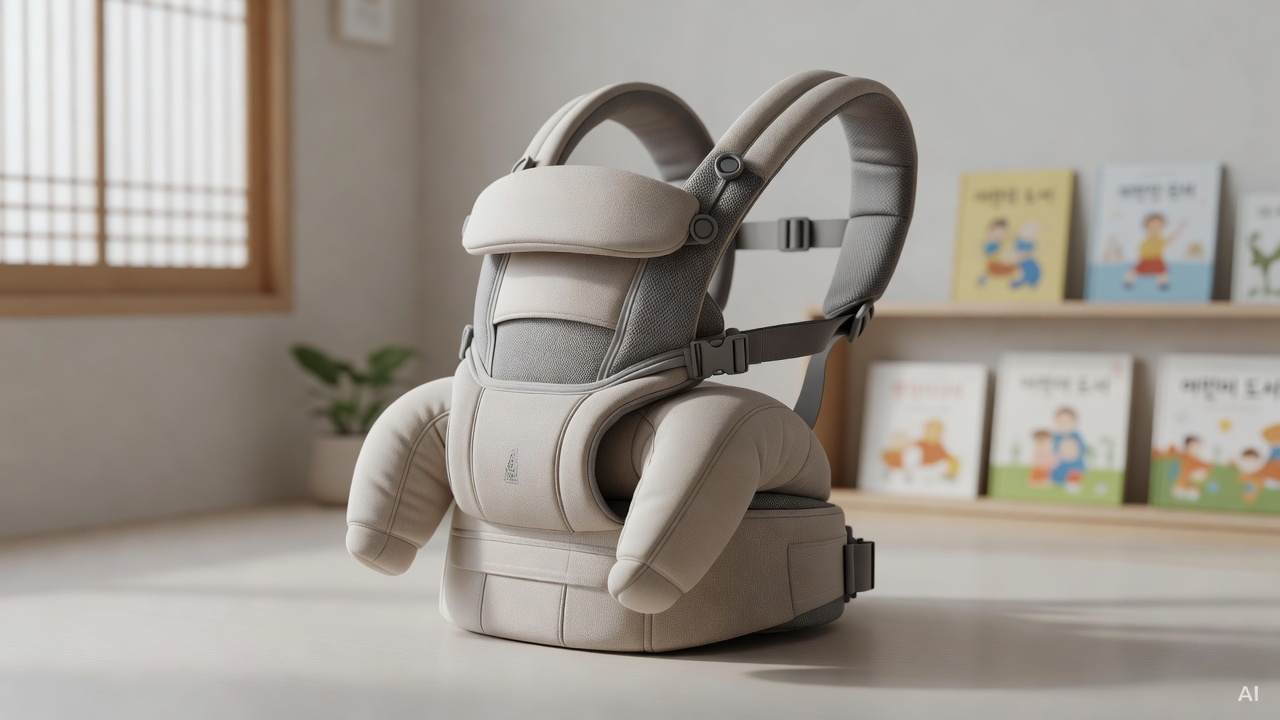 close-up of ergonomic baby carrier seat angle showing M-position leg spread design on a light background