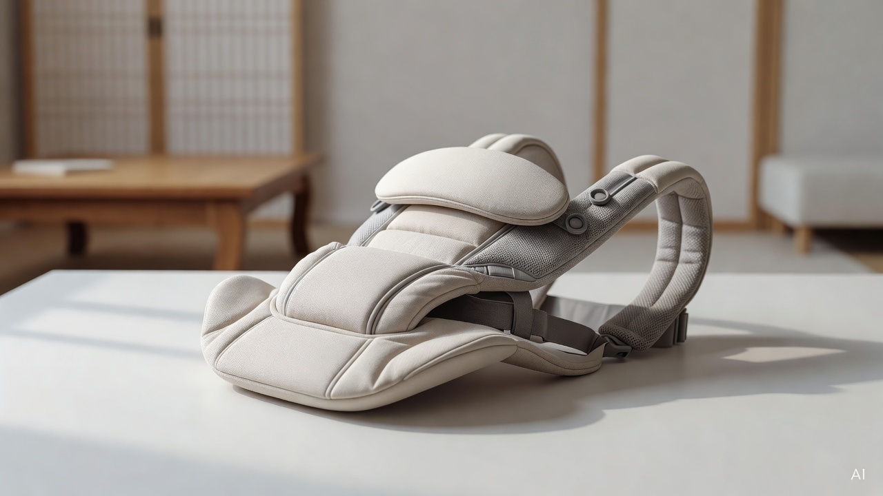 baby carrier product laid flat on a white surface showing ergonomic seat structure and head support panel