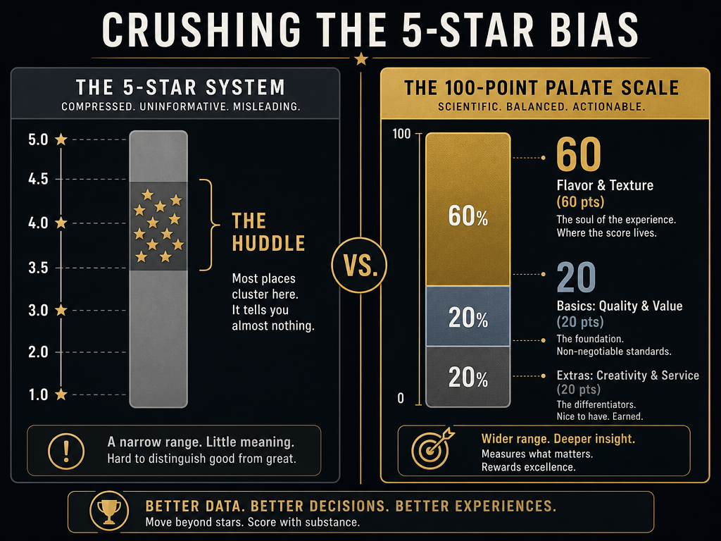 Comparison chart of a 5-star rating vs a 100-point culinary scale showing 60 points for flavor and texture, and 20 points for basics and extras.