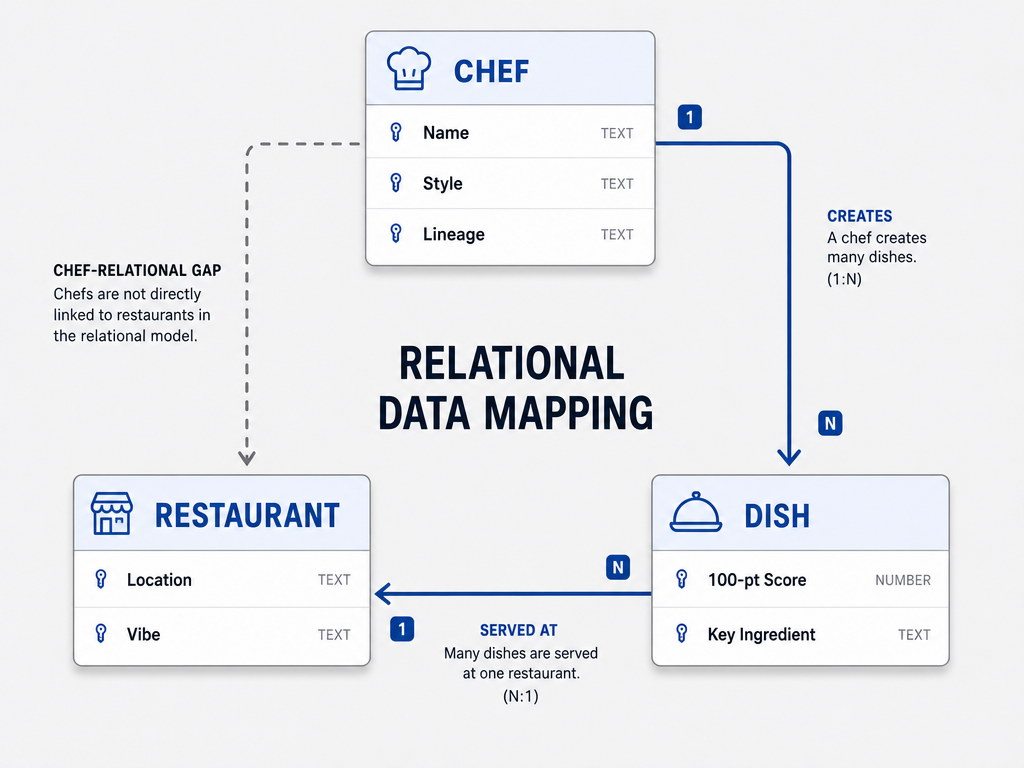 A relational database schema diagram linking Chefs, Dishes, and Restaurants to help foodies track a chef's culinary career across different venues.