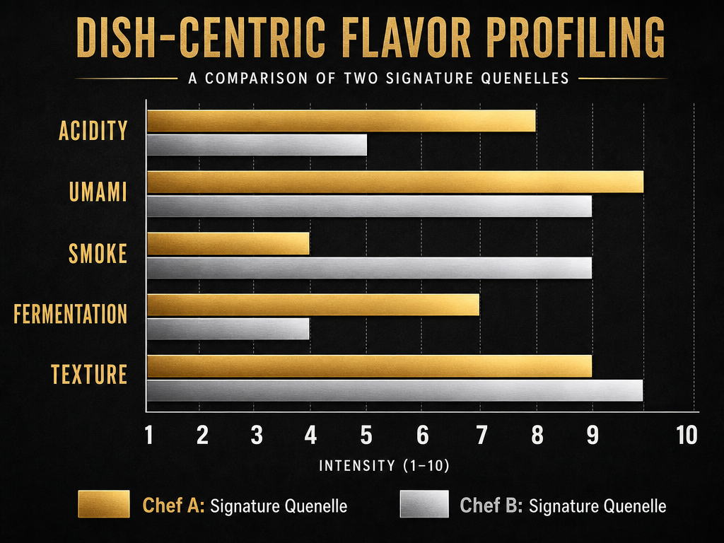 Horizontal bar chart comparing two dishes across flavor profiles like acidity, umami, and texture using a 10-point intensity scale for data precision.