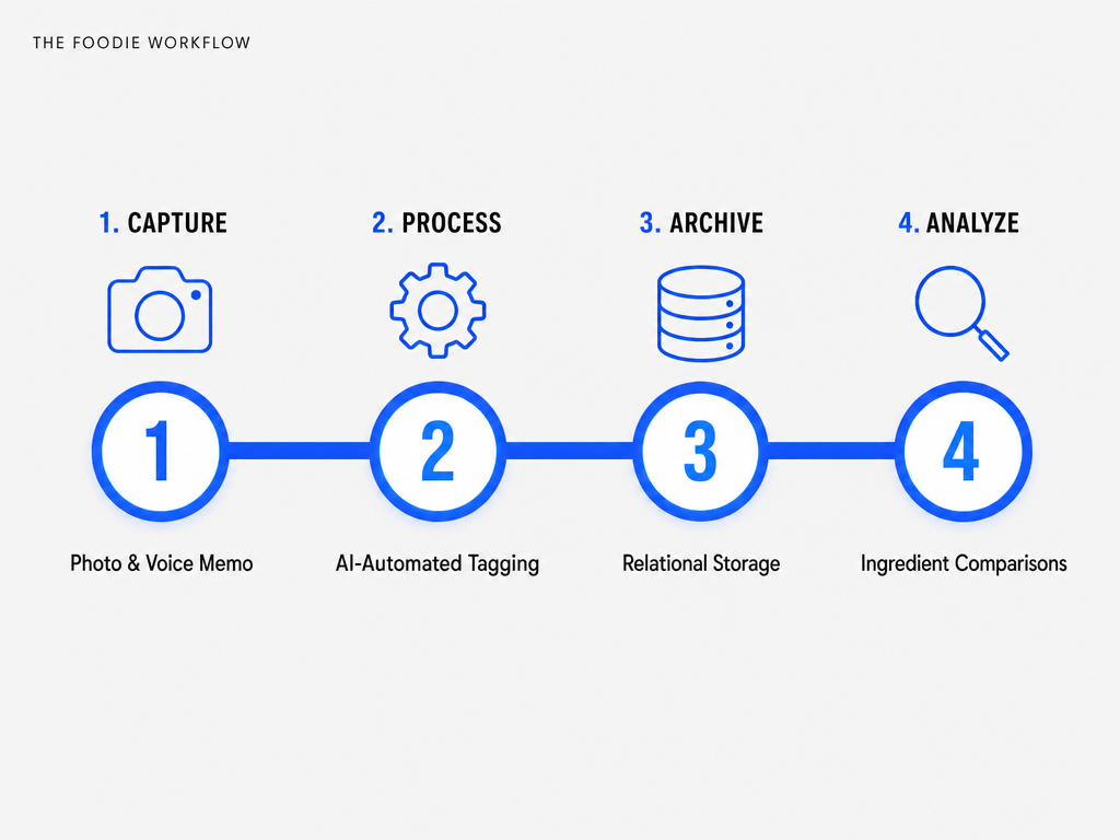 A four-step workflow diagram showing the process from capturing a food photo and voice memo to AI tagging, relational storage, and final analysis.