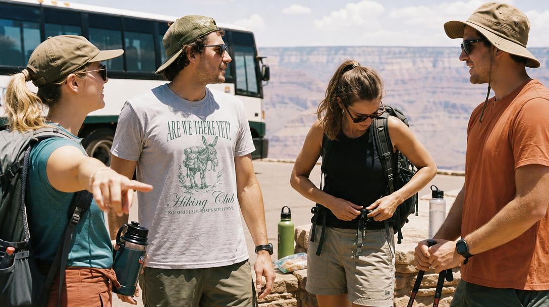 Beginner hikers enjoying Grand Canyon view on the trail