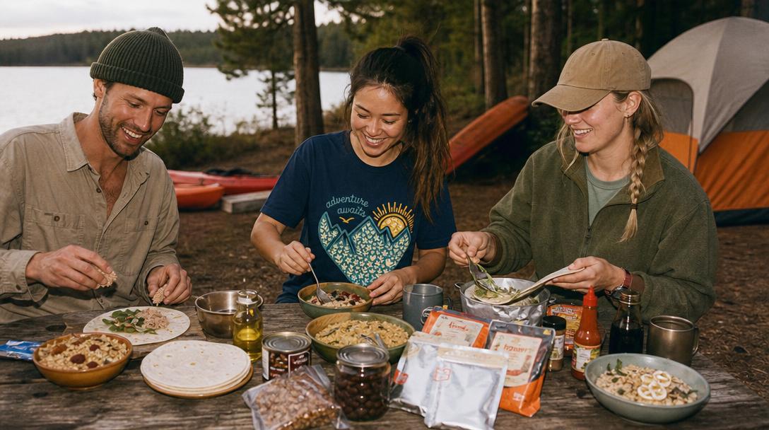 Variety of no-refrigeration camping foods on a table