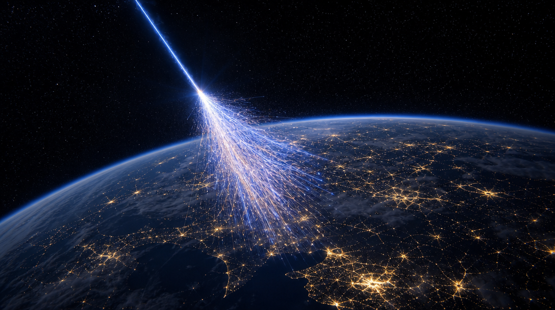 Rayon cosmique d'ultra-haute énergie frappant l'atmosphère terrestre