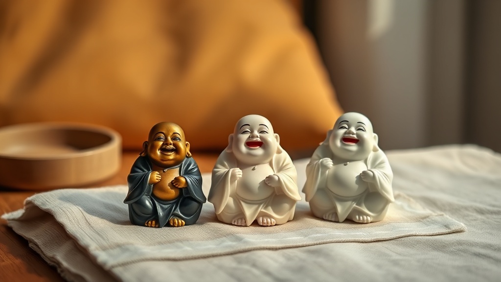 Trois statuettes de Bouddha rieur en jade, laiton et céramique blanche posées sur un tissu de lin naturel