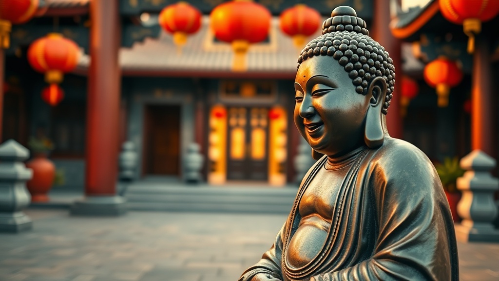 Statue de Bouddha rieur en bronze à l'entrée d'un temple chinois, lanternes rouges en arrière-plan flou