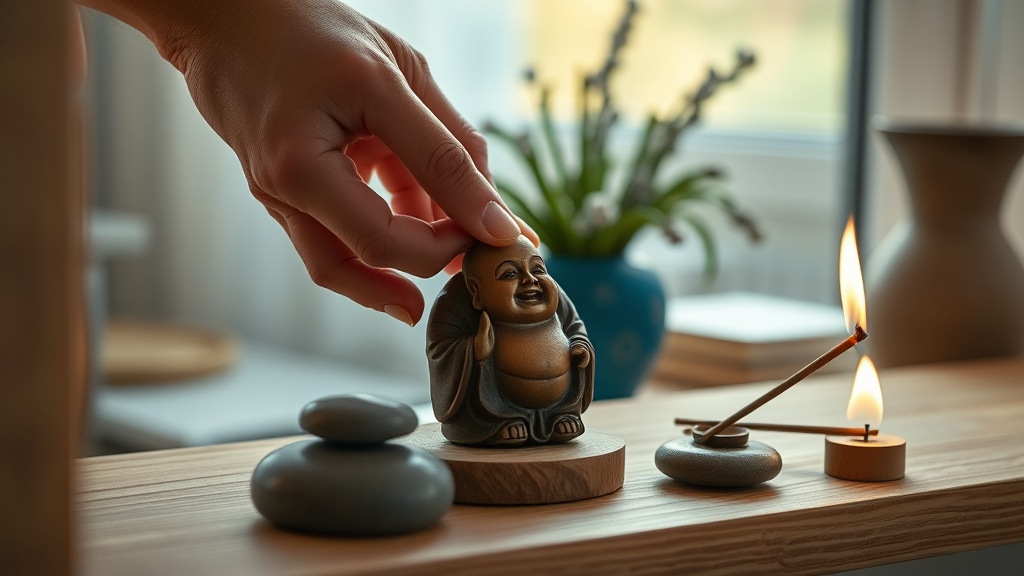 Mains posant une petite statue de Bouddha rieur en bois sur une étagère décorée de pierres et d'un bâton d'encens allumé