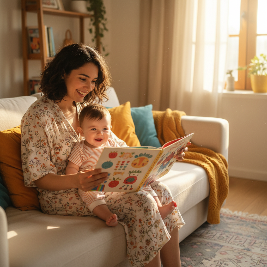 Anne ve bebeğin yaz öğle saatlerinde kitap okuma keyfi