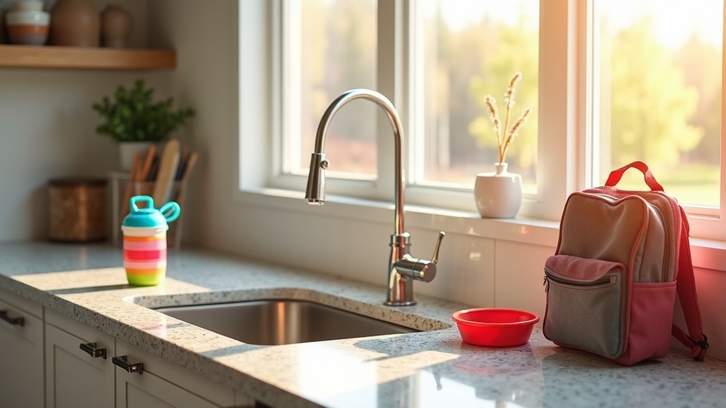 Bright Idaho kitchen interior with kids school backpack and water bottle on granite counter, Meridian home, no people