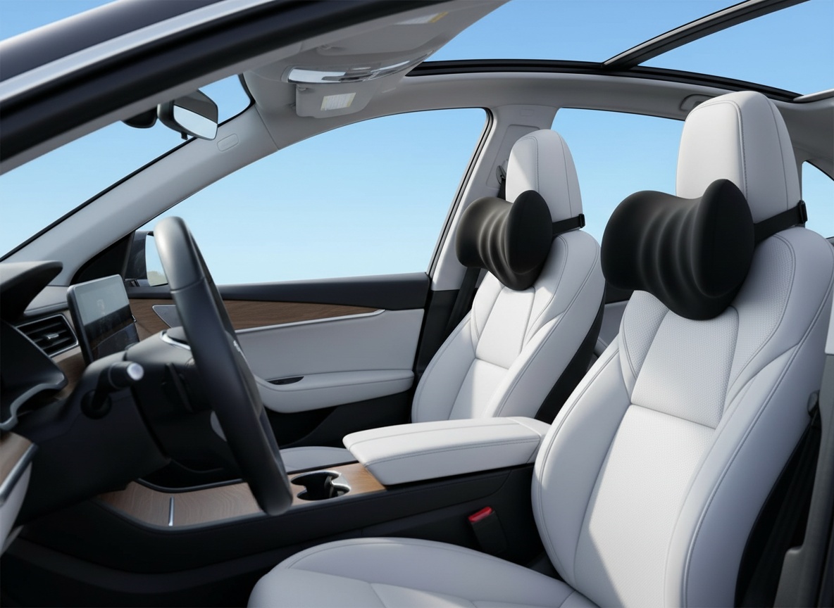Black memory foam neck pillow positioned on car headrest in sunlit vehicle interior with dashboard visible