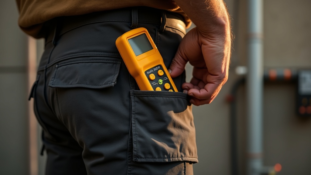 Electricista sacando herramienta del bolsillo cargo de su pantalón de trabajo
