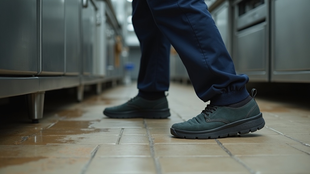 Pantalones elásticos de limpieza con zapatos antiderrapantes